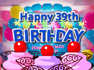 Happy Birthday Age 39 GIF, 39th Birthday GIF: Birthday animated gif with sparklers on text name you can customize. Brightly colored with a close up cake cherries.