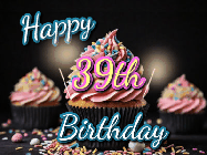 Happy Birthday Age 39 GIF, 39th Birthday GIF: A delicious cupcake gif with animated sparkles reading Happy Birthday with a name to customize