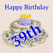 Happy Birthday Age 39 GIF, 39th Birthday GIF: A beautiful animated birthday gif with a vintage style cake drawing and animated candle flames. Customize the name and text.
