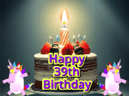 Happy Birthday Age 39 GIF, 39th Birthday GIF: An animated gif with 2 unicorns and a birthday candle on a cake.