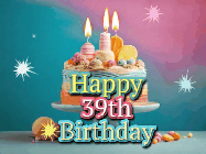 Happy Birthday Age 39 GIF, 39th Birthday GIF: A colorful animated Happy Birthday Cake GIF with swirling sparkles and flickering candles. It reads Happy Birthday Name