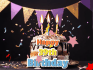 Happy Birthday Age 39 GIF, 39th Birthday GIF: Happy birthday cake animated gif with flickering candles, animated text, and falling confetti. Customize text reading Happy Birthday Customize.