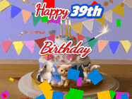 Happy Birthday Age 39 GIF, 39th Birthday GIF: Happy Birthday Cake GIF with a cat, lamb, and squirrel on the cake with flickering candles, a sparkler, and falling confetti. Reads Happy Birthday Name and you can customize the name