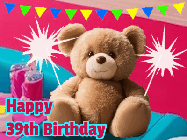 Happy Birthday Age 39 GIF, 39th Birthday GIF: A cute birthday teddy bear animated birthday gif with the bear holding sparklers and text to customize.