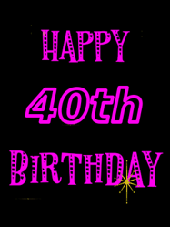 Happy Birthday Age 40 GIF, 40th Birthday GIF: Retro happy birthday GIF with 2 lines of text you can customize on a black background with animated twinkles.
