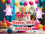 Happy Birthday Age 40 GIF, 40th Birthday GIF: Animated Happy Birthday GIF with a beautiful birthday cake being lit up by two unicorns. There are 3 lines of text to customize.