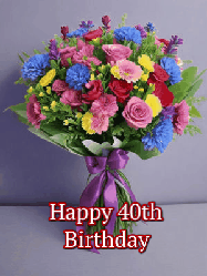 Happy Birthday Age 40 GIF, 40th Birthday GIF: A beautiful animated birthday gif with a bouquet of flowers and animated hearts reading Happy Birthday Customize