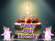Happy Birthday Age 40 GIF, 40th Birthday GIF: An animated gif with 2 unicorns and a birthday candle on a cake.