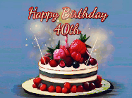 Happy Birthday Age 40 GIF, 40th Birthday GIF: Animated GIF of a birthday cake covered in berries with 2 sparklers and a candle, reads Happy Birthday Name. Customize it.