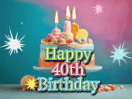 Happy Birthday Age 40 GIF, 40th Birthday GIF: A colorful animated Happy Birthday Cake GIF with swirling sparkles and flickering candles. It reads Happy Birthday Name
