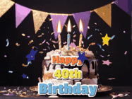 Happy Birthday Age 40 GIF, 40th Birthday GIF: Happy birthday cake animated gif with flickering candles, animated text, and falling confetti. Customize text reading Happy Birthday Customize.