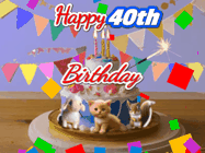 Happy Birthday Age 40 GIF, 40th Birthday GIF: Happy Birthday Cake GIF with a cat, lamb, and squirrel on the cake with flickering candles, a sparkler, and falling confetti. Reads Happy Birthday Name and you can customize the name