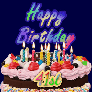 Happy Birthday Age 41 GIF, 41st Birthday GIF: A dark blue birthday gif with a beautiful cake with flickering candles, background sparkles and a name to customize.