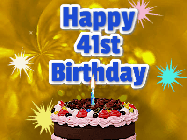 Happy Birthday Age 41 GIF, 41st Birthday GIF: A glitter and sparkle happy birthday gif with swelling sparkles, a birthday cake, and 3 lines of text to customize