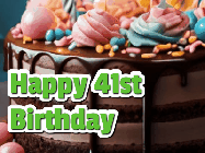 Happy Birthday Age 41 GIF, 41st Birthday GIF: A beautiful and elegant birthday cake gif with pink text to customize and animated flowers.