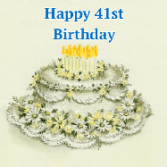 Happy Birthday Age 41 GIF, 41st Birthday GIF: A beautiful vintage birthday cake design with flickering candles atop and three lines of customized happy birthday text.