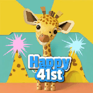 Happy Birthday Age 41 GIF, 41st Birthday GIF: Cute giraffee birthday gif depicting a paper cutout bobbing giraffe head and birthday text you can customize with sparklers.