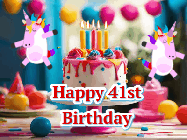 Happy Birthday Age 41 GIF, 41st Birthday GIF: Animated Happy Birthday GIF with a beautiful birthday cake being lit up by two unicorns. There are 3 lines of text to customize.