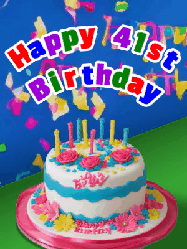 Happy Birthday Age 41 GIF, 41st Birthday GIF: A brightly colored animated birthday gif with a cake and a cute cartoon dragon flies past to light the candles. Customize banner text.