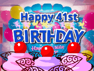Happy Birthday Age 41 GIF, 41st Birthday GIF: Birthday animated gif with sparklers on text name you can customize. Brightly colored with a close up cake cherries.