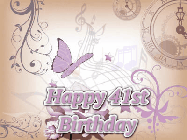 Happy Birthday Age 41 GIF, 41st Birthday GIF: Classical birthday gif background with colorful musical notes floating past and a name you can customize, reads Happy Birthday.