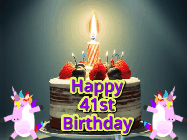 Happy Birthday Age 41 GIF, 41st Birthday GIF: An animated gif with 2 unicorns and a birthday candle on a cake.