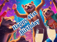 Happy Birthday Age 41 GIF, 41st Birthday GIF: Happy Birthday GIF depicting a mongoose party with animated fireworks, sparkles and champagne. Reads Happy Birthday Name. Customize it.