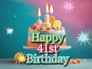 Happy Birthday Age 41 GIF, 41st Birthday GIF: A colorful animated Happy Birthday Cake GIF with swirling sparkles and flickering candles. It reads Happy Birthday Name