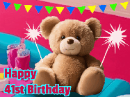 Happy Birthday Age 41 GIF, 41st Birthday GIF: A cute birthday teddy bear animated birthday gif with the bear holding sparklers and text to customize.