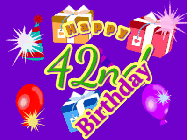 Happy Birthday Age 42 GIF, 42nd Birthday GIF: Animated Birthday GIF with growing and shrinking background and sparklers and a customizable name that spins around.