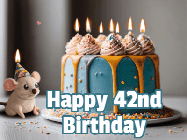 Happy Birthday Age 42 GIF, 42nd Birthday GIF: Super cute birthday gif with name and little mouse in a party hat, a birthday cake with flickering candles. Customize text.