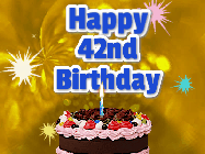 Happy Birthday Age 42 GIF, 42nd Birthday GIF: A glitter and sparkle happy birthday gif with swelling sparkles, a birthday cake, and 3 lines of text to customize