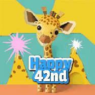 Happy Birthday Age 42 GIF, 42nd Birthday GIF: Cute giraffee birthday gif depicting a paper cutout bobbing giraffe head and birthday text you can customize with sparklers.
