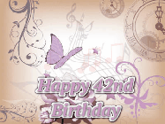 Happy Birthday Age 42 GIF, 42nd Birthday GIF: Classical birthday gif background with colorful musical notes floating past and a name you can customize, reads Happy Birthday.