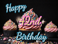 Happy Birthday Age 42 GIF, 42nd Birthday GIF: A delicious cupcake gif with animated sparkles reading Happy Birthday with a name to customize
