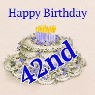 Happy Birthday Age 42 GIF, 42nd Birthday GIF: A beautiful animated birthday gif with a vintage style cake drawing and animated candle flames. Customize the name and text.