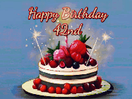 Happy Birthday Age 42 GIF, 42nd Birthday GIF: Animated GIF of a birthday cake covered in berries with 2 sparklers and a candle, reads Happy Birthday Name. Customize it.
