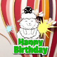 Happy Birthday Age 42 GIF, 42nd Birthday GIF: A cute lamb gif with a bouncing lamb with sparklers with text flashing Happy Birthday Name that can be customized.