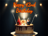 Happy Birthday Age 42 GIF, 42nd Birthday GIF: Animated birthday cake gif with sparklers on a dark background. Personalize up to 3 lines of text.