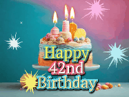 Happy Birthday Age 42 GIF, 42nd Birthday GIF: A colorful animated Happy Birthday Cake GIF with swirling sparkles and flickering candles. It reads Happy Birthday Name