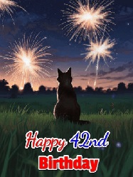 Happy Birthday Age 42 GIF, 42nd Birthday GIF: An animated gif at night showing the backside of a sitting cat who watches sparkle and fireworks over a meadow. Customize name and happy birthday.