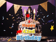 Happy Birthday Age 42 GIF, 42nd Birthday GIF: Happy birthday cake animated gif with flickering candles, animated text, and falling confetti. Customize text reading Happy Birthday Customize.