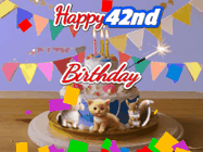 Happy Birthday Age 42 GIF, 42nd Birthday GIF: Happy Birthday Cake GIF with a cat, lamb, and squirrel on the cake with flickering candles, a sparkler, and falling confetti. Reads Happy Birthday Name and you can customize the name