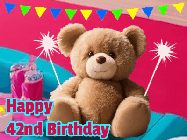 Happy Birthday Age 42 GIF, 42nd Birthday GIF: A cute birthday teddy bear animated birthday gif with the bear holding sparklers and text to customize.