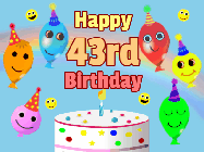 Happy Birthday Age 43 GIF, 43rd Birthday GIF: Look at these cute balloons! Floating above a birthday cake. Animated happy faces too. Happy Birthday GIF. Customize. 