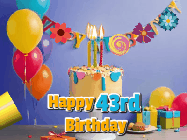 Happy Birthday Age 43 GIF, 43rd Birthday GIF: Happy birthday cake animated gif with flickering candles, balloons, confetti, and text to customize.