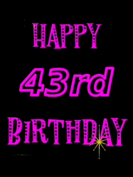 Happy Birthday Age 43 GIF, 43rd Birthday GIF: Retro happy birthday GIF with 2 lines of text you can customize on a black background with animated twinkles.