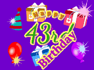 Happy Birthday Age 43 GIF, 43rd Birthday GIF: Animated Birthday GIF with growing and shrinking background and sparklers and a customizable name that spins around.