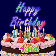 Happy Birthday Age 43 GIF, 43rd Birthday GIF: A dark blue birthday gif with a beautiful cake with flickering candles, background sparkles and a name to customize.