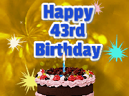 Happy Birthday Age 43 GIF, 43rd Birthday GIF: A glitter and sparkle happy birthday gif with swelling sparkles, a birthday cake, and 3 lines of text to customize